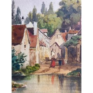 Laure Houssaye De Léoménil Drawing Ink And Wash Village Houses River Bridge Mid 19th Century