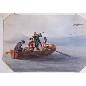 Laure Houssaye De Léoménil (attributed To) Ink And Watercolor Duck Hunting Pond Mid 19th Century