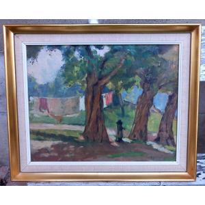 Maurice Gayral Gaillac Tarn Parc Foucaud Rue St Roch Tarnaise School Oil 20th Century Fountain Linen