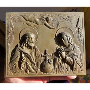 19th Century Bronze Bas Relief Christ And The Virgin Globe Cruciferous Orb Cherub