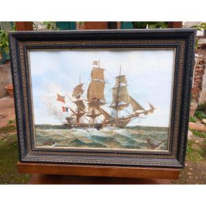 Naval Battle France England Gouache On Paper R.noël [18]90