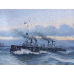 R.noël 1902 "the Armored Cruiser Montcalm" Of The Gueydon Class In 1902 Oil On Canvas