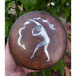 Patinated Brass Box With Inlays Decorated With A Nude Dancer Signed Mariaux Art Deco 1930