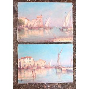 Henri Malfroy (1895-1945) Pair Of Canvases Views Of The Port Of Martigues Provence 19th Century Marseille
