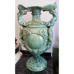 Pair Of Italian Renaissance Style Green Terracotta Vases With Women And Putti 
