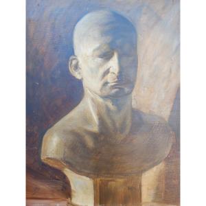 Academy Study Bust Antique White Marble Oil Cardboard 19th Century Signature 