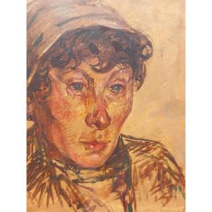 Frank Taylor American School ? Oil On Cardboard Portrait Of A Sad Woman 20th Century 
