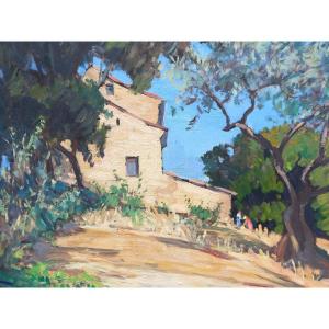 Marie Anne Ichanson (1889-1964) "house In The Trees" In The Tarn Oil On Cardboard 20th Century 
