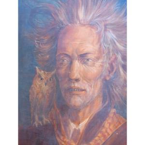 Marc Dautry (1930-2008) Oil On Panel "portrait With An Owl" 1972. Montauban Tarn Et Garonne