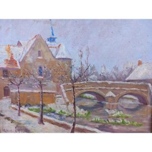 Roger Aubrun Issoudun Saint Roch Church Oil On Cardboard 1945