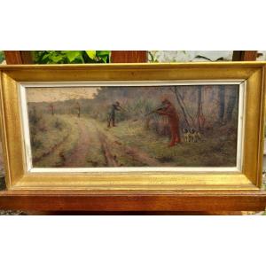 Maurice Moisand (1864-1934) Hare Hunting Scene Rabbit Hunting Oil On Panel