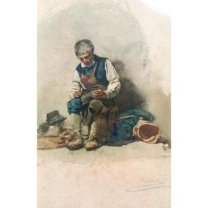 Pier Celestino Gilardi (1837-1905) Watercolor On Paper "le Cabotier" Circa 1870