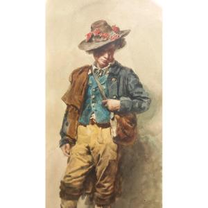 Pier Celestino Gilardi (1837-1905) Watercolor On Paper "the Young Boy" Or Shepherd, Dated 1873
