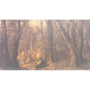 Paul François Quinsac (1858-1929) Drawing On Paper "undergrowth And Shepherd" 