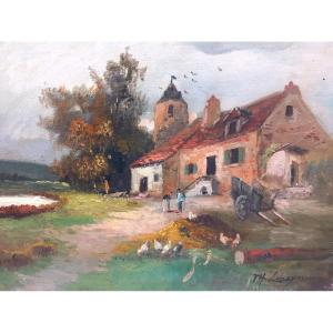 Théodore Linsyer Countryside Landscape Farmyard Farmyard Hens Rooster Ducks Oil Canvas 19th Century