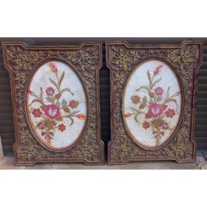 Silk Embroidery, 19th Century Carved And Painted Wooden Frames, Indochina, Vietnam