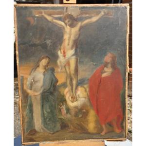 Crucifixion Between The Virgin And Saint John Oil On Canvas Sketch 19th Century
