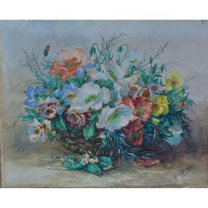 Eugène Marguerite Calmant Still Life With Basket Of Flowers Watercolor On Paper 19th Century