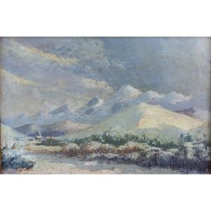 Snowy Mountain Landscape Oil On Snow Paper Signature Mg 19th Century