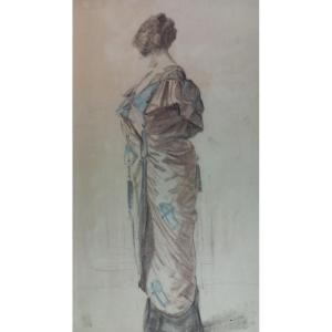 Study Of A Young Woman In A Dress Albert Larteau Signed Located 1915 Drawings On Paper 