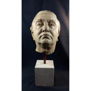 Terracotta Bust Of A Man On A Travertine Base, 20th Century 