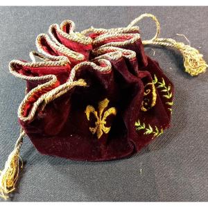Fabric Token Pouch Embroidered On Velvet Restoration Period 19th Century Royalist Fleur-de-lys