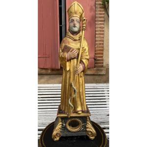 Polychrome Carved Wooden Statue Of Saint Bishop, 18th Century Reliquary