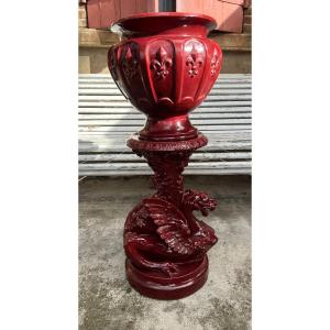 Léon Castel (1841-1903) Faiencerie Du Mont Chevalier Cachepot On Its Stand Garnet Color