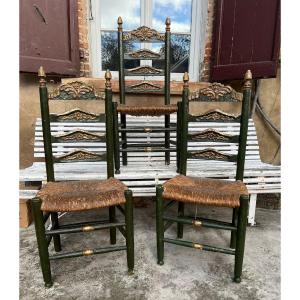 Set Of Three Polychrome And Gilded Wooden Straw-seated Chairs, 18th Century, Spain 