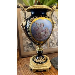 Sèvres Porcelain Vase With Bronze Mount, Napoleon III Style, Painted With Cherubs And Depicting Science And Astronomy.