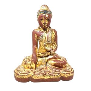 Burmese Buddha Shakyamuni In Carved And Gilded Wood, Asian Art Statue, Burmese Temple