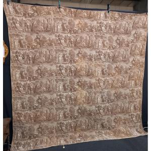 Printed Toile De Jouy Quilt, 19th Century, "the Solitaire" Motif, Coffee Color