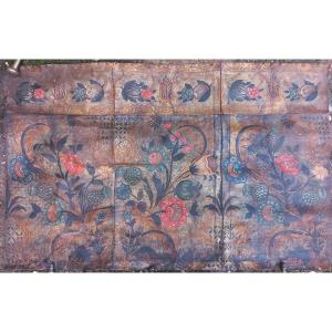 Embossed Cordovan Leather Panel, Painted And Gilded, 18th Century
