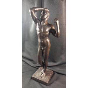 Nude Male Athlete Statue, Patinated Terracotta Sculpture, 20th Century, Austin Prod 1965, Vintage