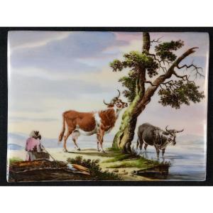 Cows By A Lake, Porcelain Painting, Late 18th - Early 19th Century, Romanticism