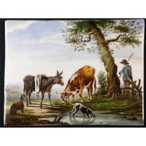 Cow, Donkey, Dogs And Shepherd By A Lake, Porcelain Painting, 18th/19th Century, Romantic