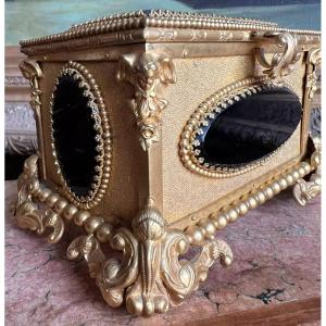 Nicolas Morfau Gilt Metal Jewelry Box, 19th Century, Napoleon III Era, Black Glass