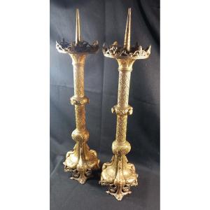 Pair Of Candelabra With Medieval Decoration Of Winged Chimeras And Gargoyles, Bronze, 19th Century
