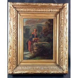 French School, 19th Century, Oil On Panel, Young Woman At A Well And Fountain