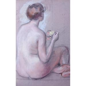Edouard Julien Nude With Apple Young Girl Drawing Pencil And Pastel On Paper 20th Century Albi