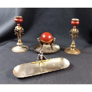 Desk Set Or Accessory Set With Cherubs And Cupids, Patinated And Gilded Bronze, 19th Century