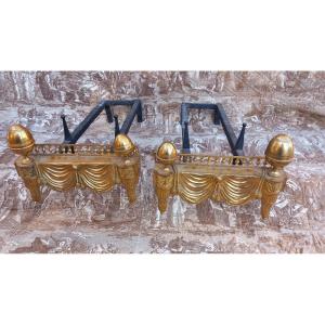 Pair Of Louis XVI Gilt Bronze Andirons Decorated With Drapery Motifs, 18th Century