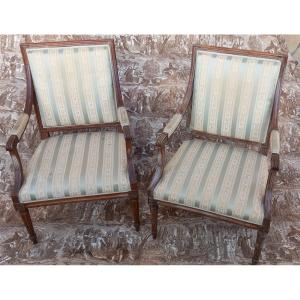 Pair Of Louis XVI Style Armchairs In Natural Wood, Late 18th Century