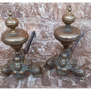 Pair Of Bronze Andirons Known As "marmousets", Delphins 17th Century