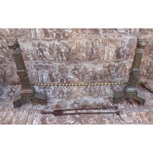 Medieval Renaissance Bronze Fireplace Set With Clips And Bars, 19th Century