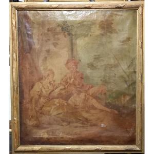 The Musical Children, Oil On Canvas, Overdoor Panel, Red Cameo, 18th Century