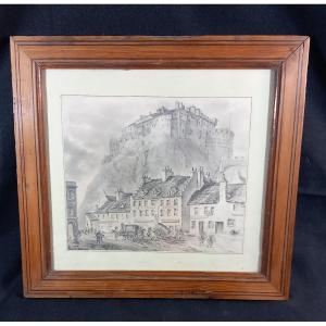 View Of Edinburgh Castle In Scotland. 19th-century Pencil Drawing.