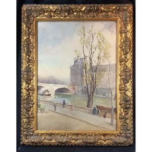 The Pavillon De Flore At The Louvre, Paris, Quai Voltaire, Watercolor, 20th Century, Booksellers