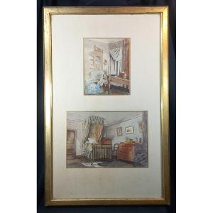 "conversation Piece" Interior Scenes: Study And Bedroom, Napoleon III Watercolors