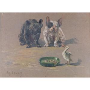 Emmanuel Samson (1860-1926) "the Glutton" Duckling And French Bulldog 19th Century Drawing